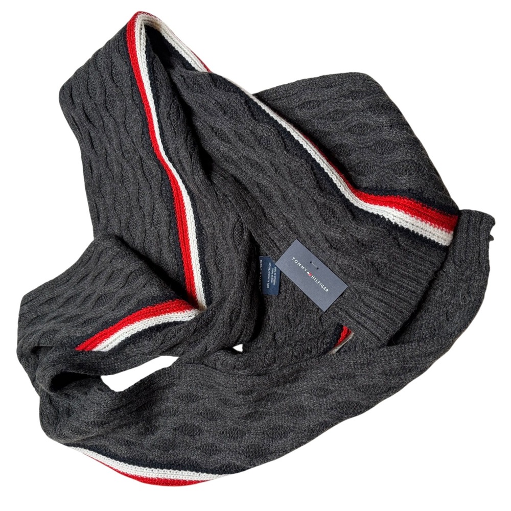 Tommy Hilfiger Cable‎ Knit Ski Patrol Scarf Mens Gray Red White Striped NWT OS